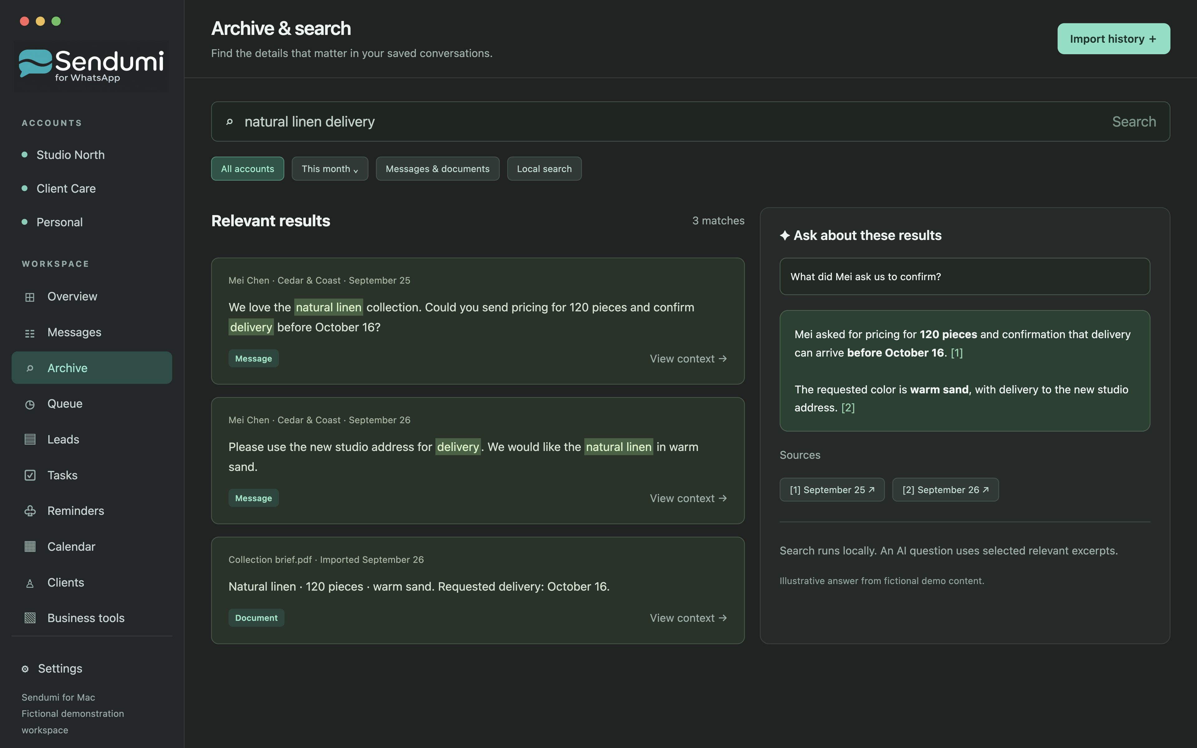 Sendumi Archive & search: advertising mockup with fictional data