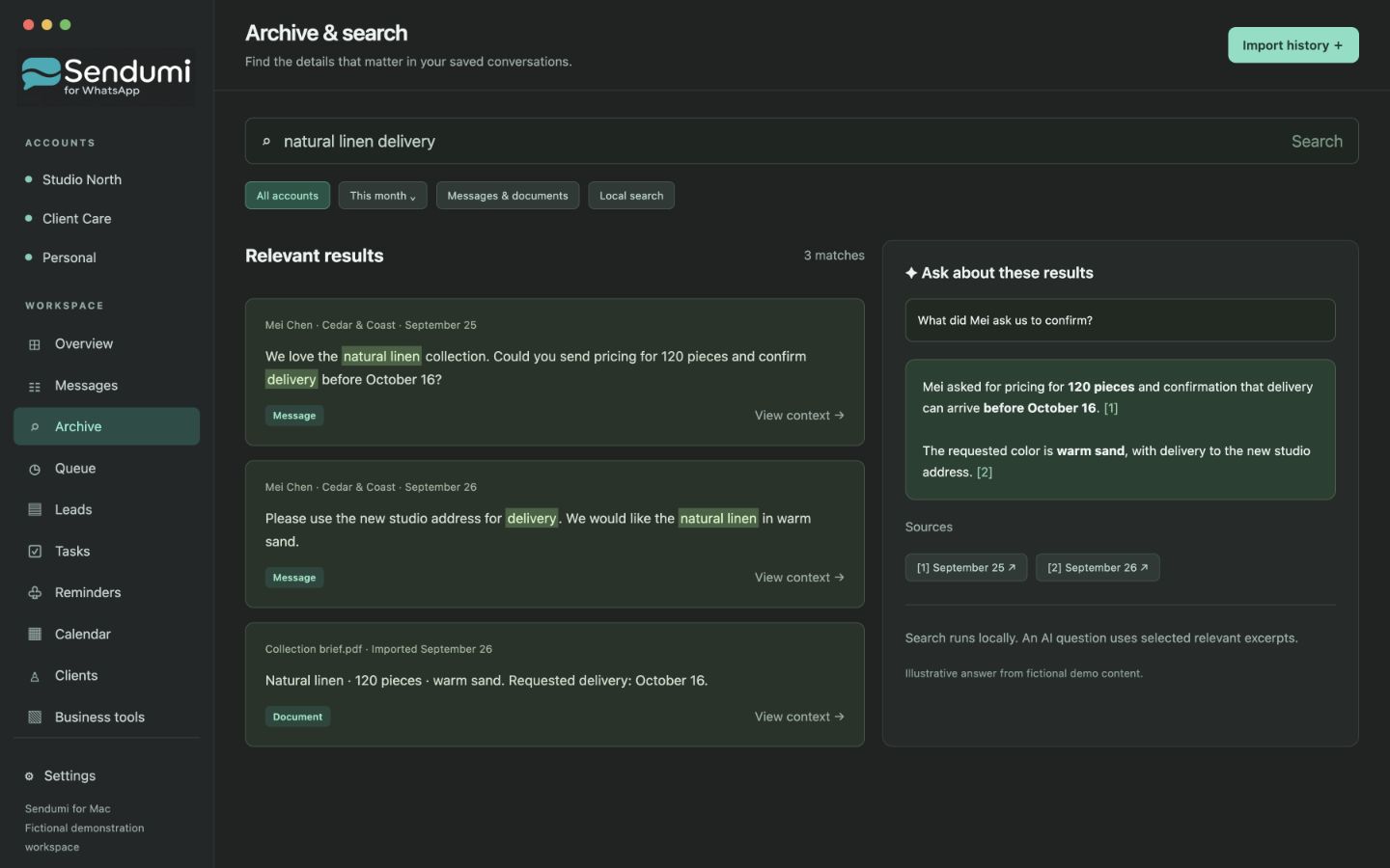 Sendumi archive mockup with fictional search results and an illustrative AI answer