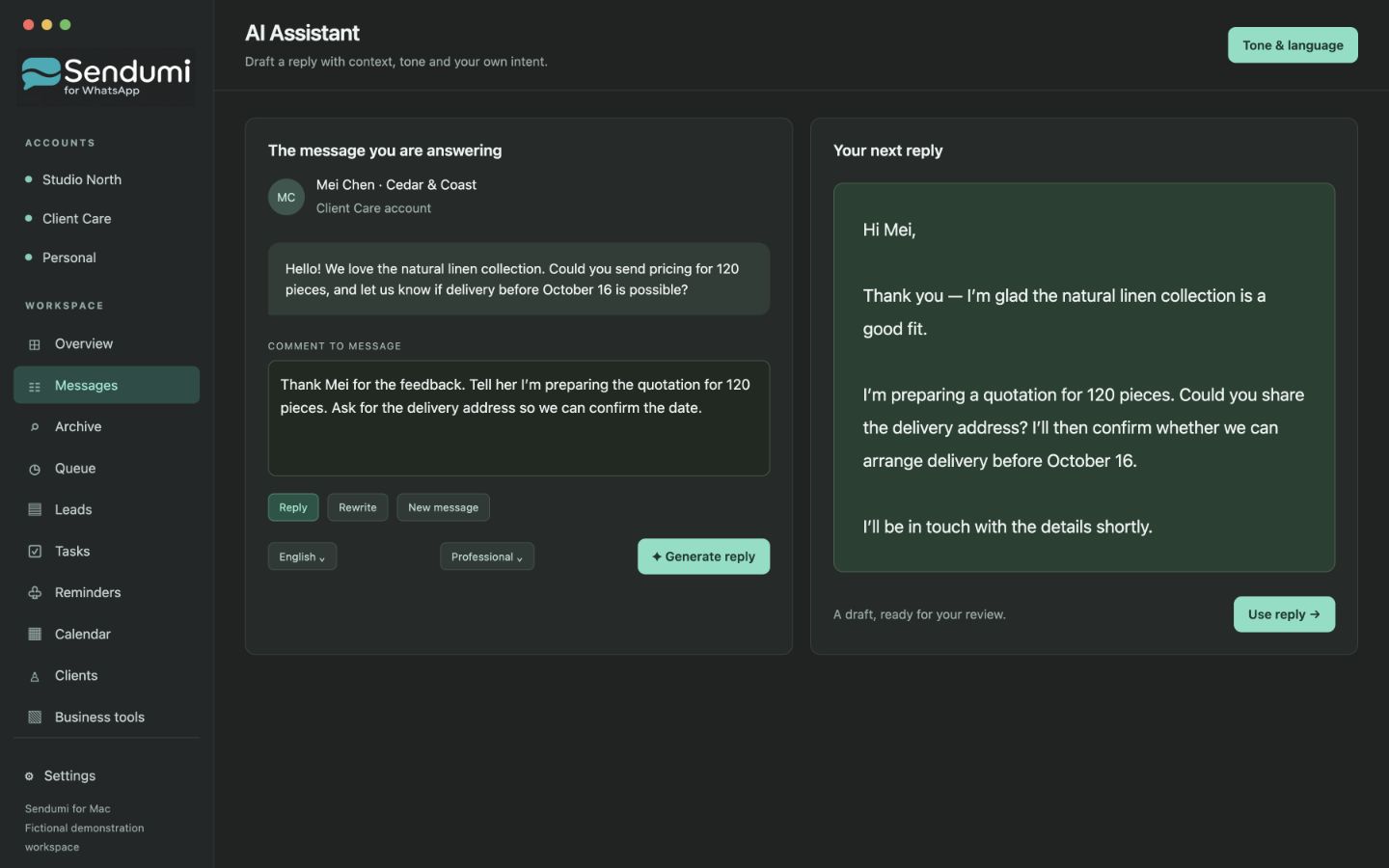 Sendumi AI Assistant mockup: a fictional product request and a proposed reply