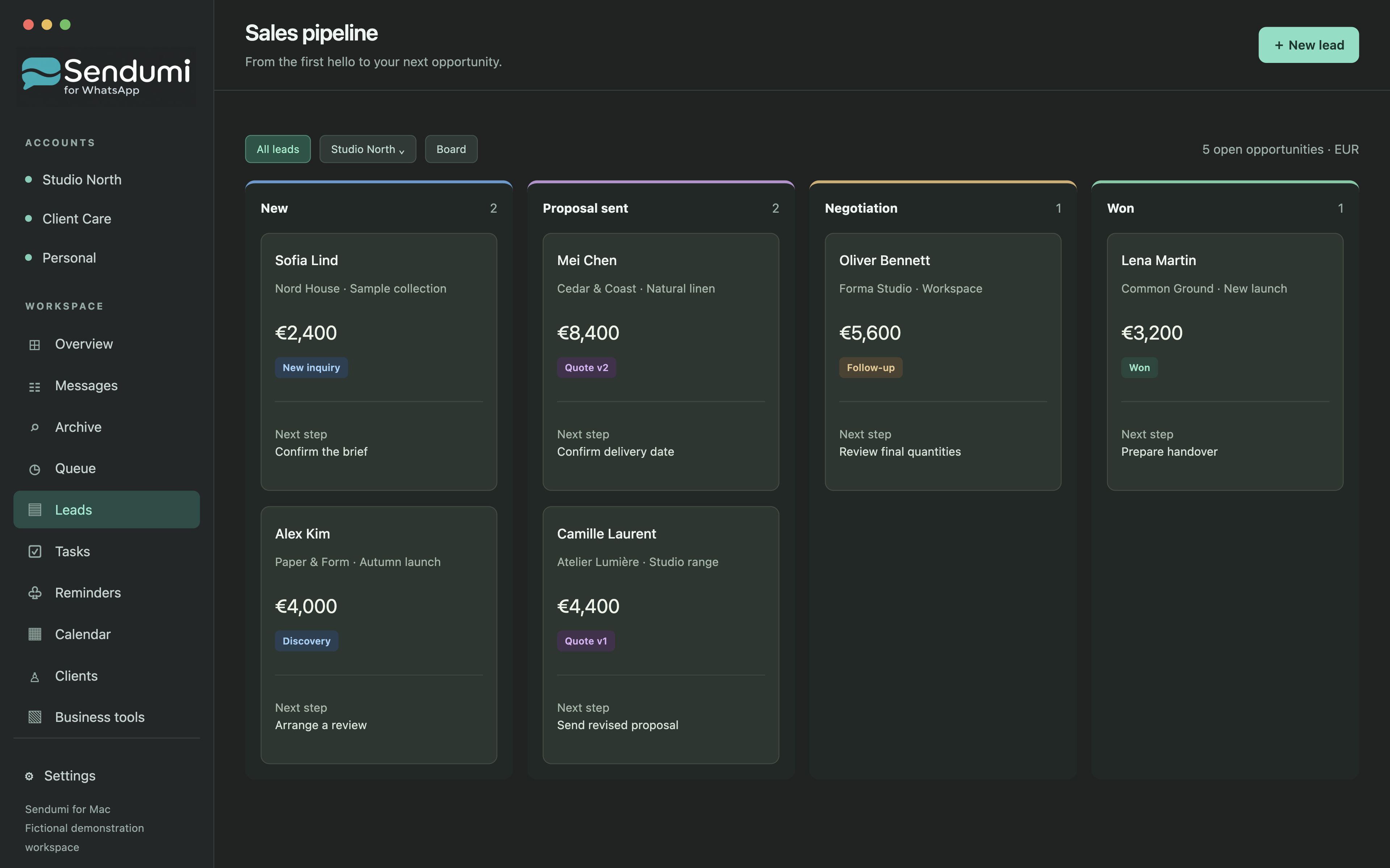 Sendumi CRM & customer work: advertising mockup with fictional data