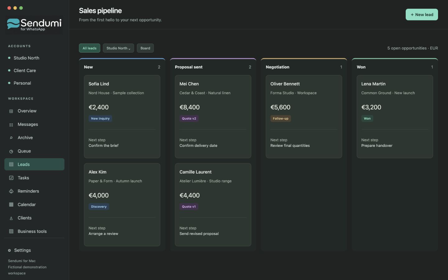 Sendumi sales pipeline with fictional international clients