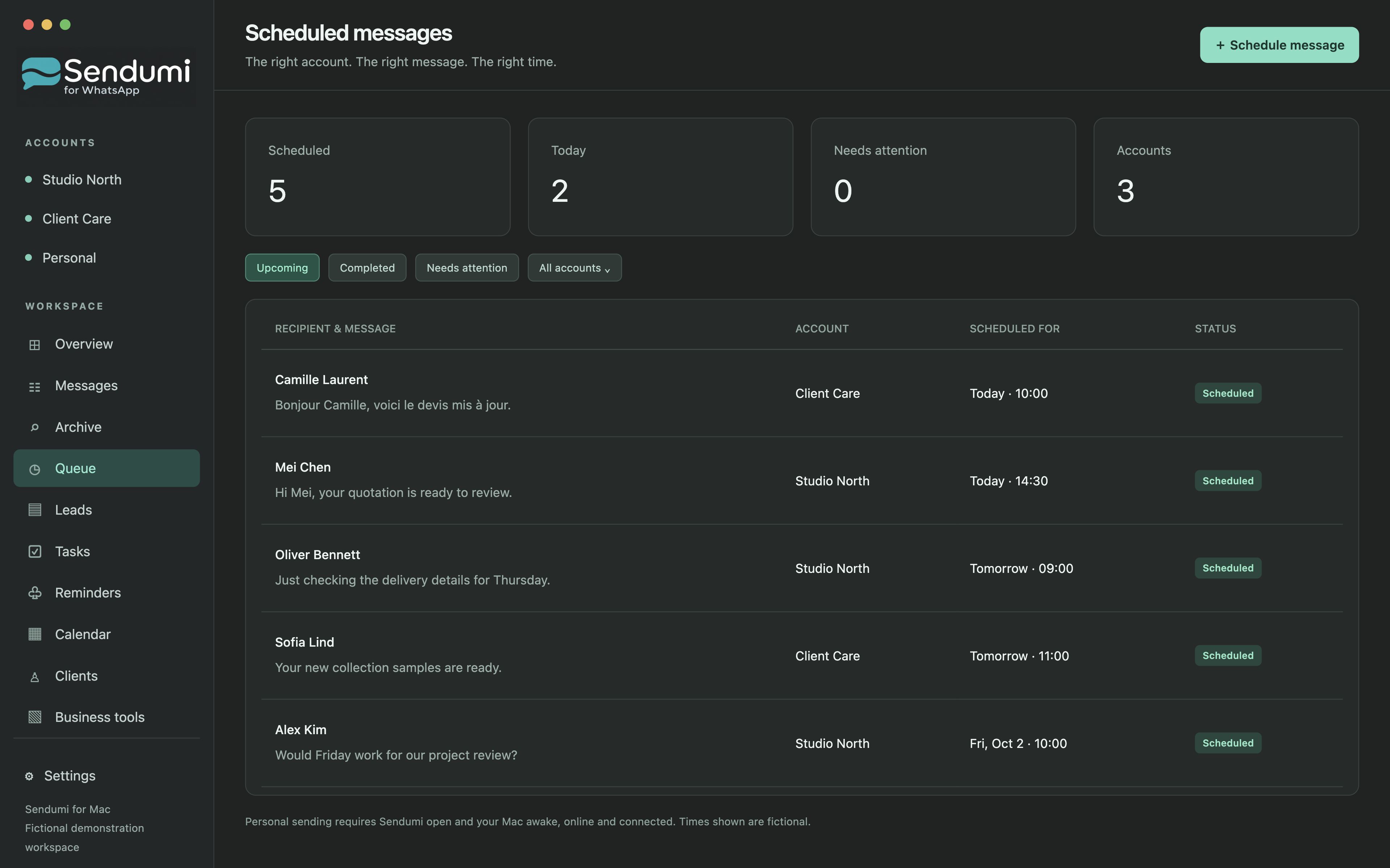 Sendumi Scheduled messages: advertising mockup with fictional data