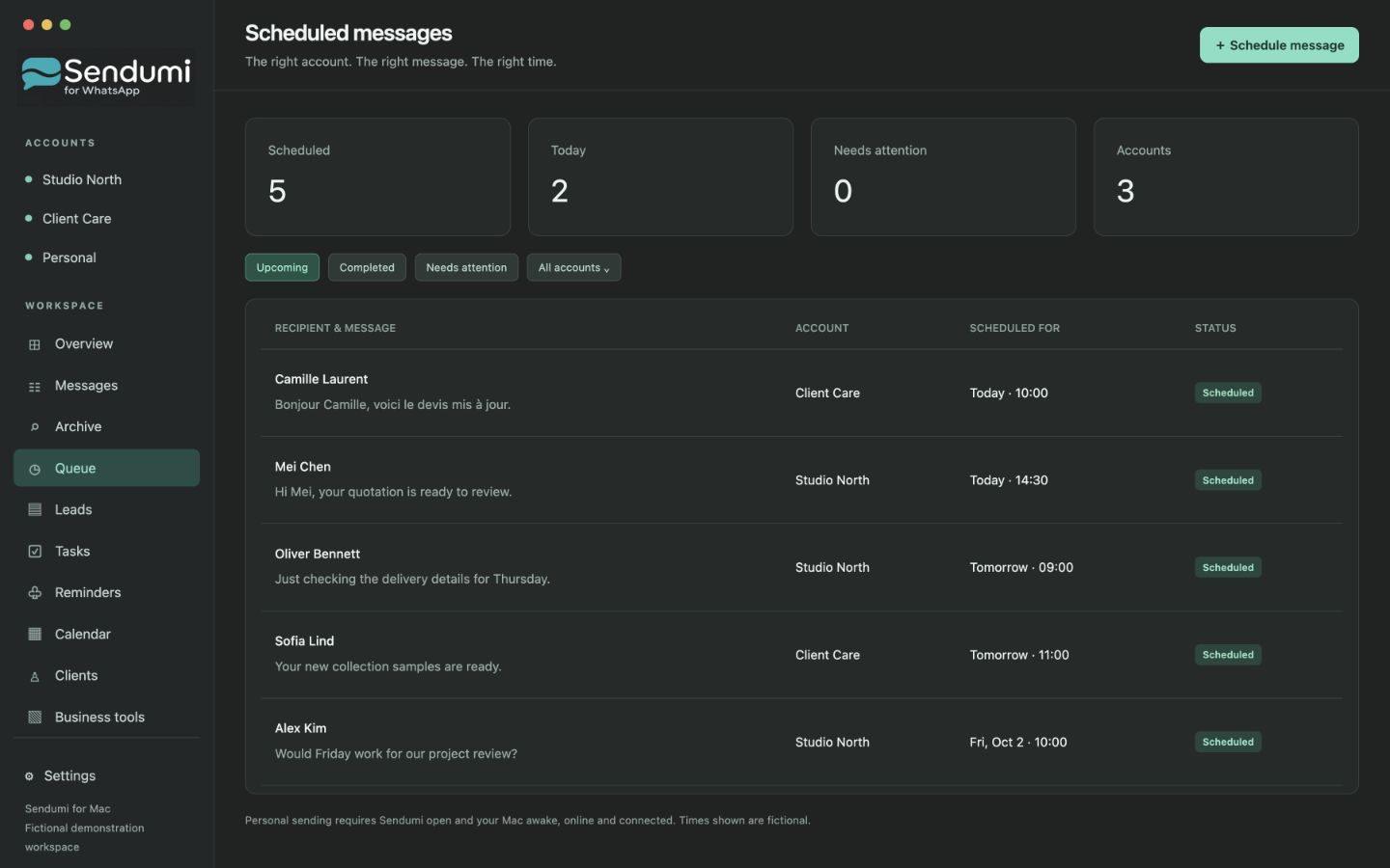 Scheduled multilingual follow-ups in Sendumi Queue