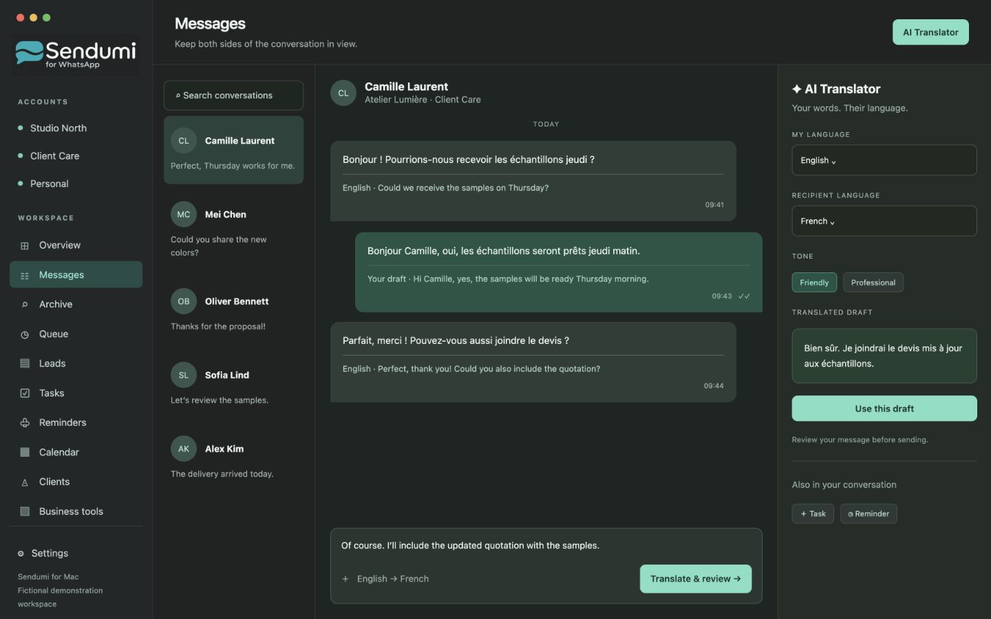 Sendumi Messages with inline French and English translations and the AI Translator panel